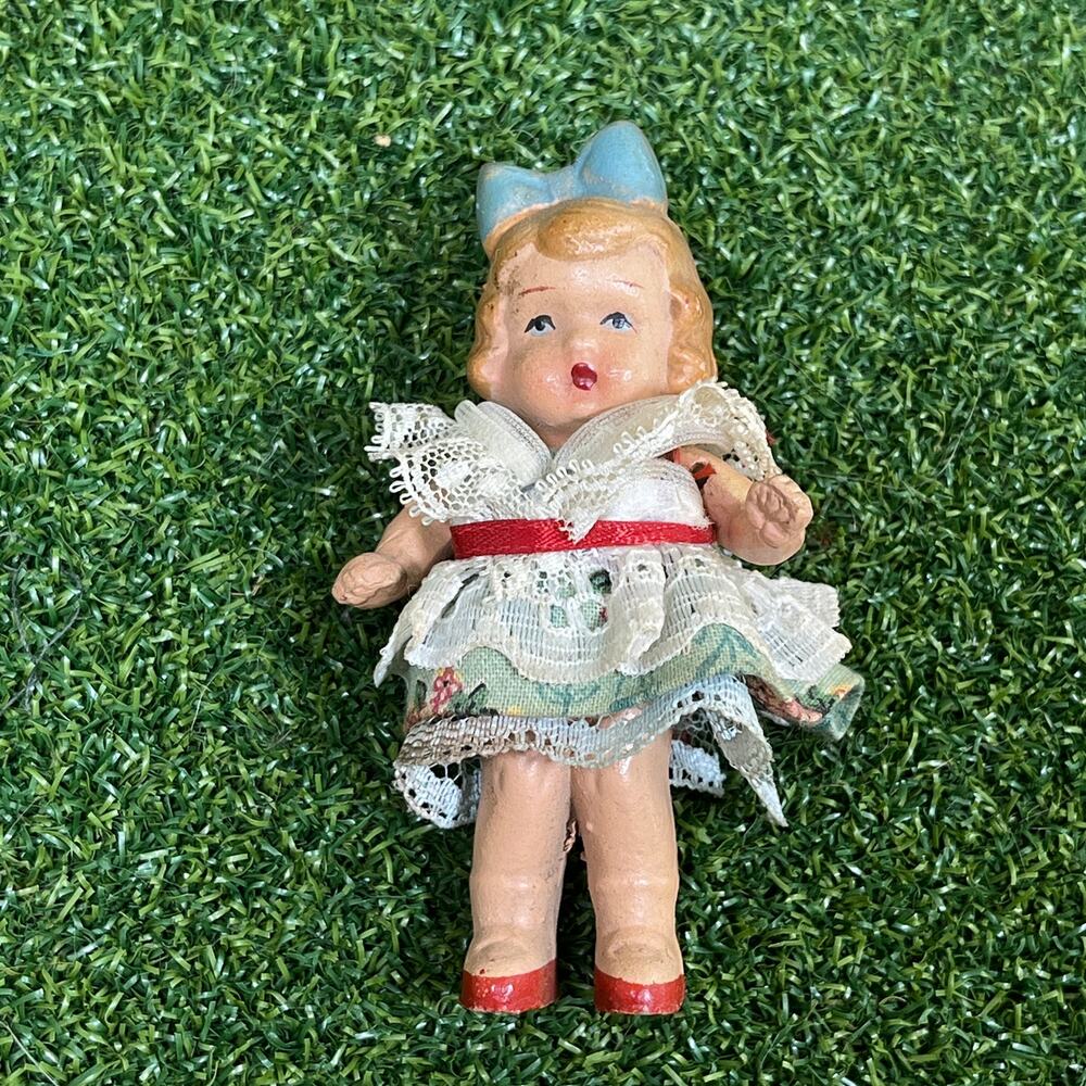 Vintage Painted Bisque Porcelain Lace Dress Miniature Doll 3"